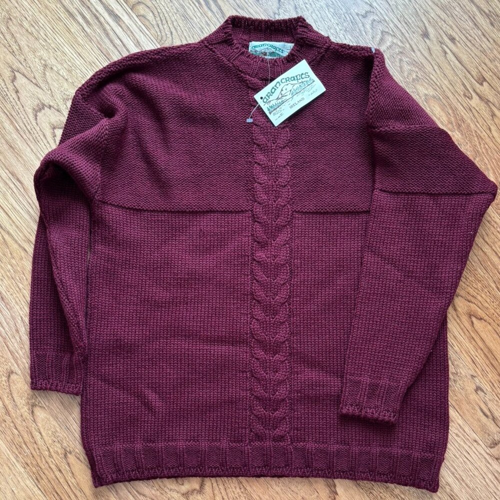 NWT Aran Merino Cable Knit Wool Crew Neck Sweater L Burgundy Ireland CABINCORE